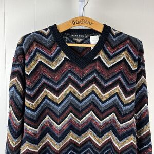 Vintage Nani Bon‎ Chenille Sweater Mens 50 US Large Chevron Stripe V-Neck